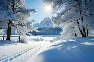 neve coperto alberi e un' strada nel il sole. ai-generato foto