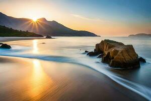 il sole sorge al di sopra di un' roccioso spiaggia nel il oceano. ai-generato foto