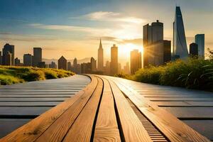 un' di legno passerella conduce per il città orizzonte a tramonto. ai-generato foto