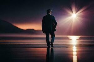 un' uomo nel un' completo da uomo passeggiate lungo il spiaggia a notte. ai-generato foto