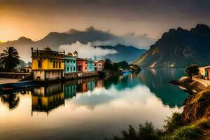 un' bellissimo tramonto al di sopra di un' lago con colorato edifici. ai-generato foto