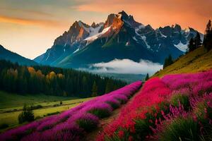 un' bellissimo paesaggio con viola fiori e montagne. ai-generato foto