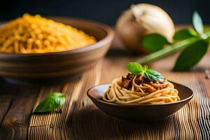 spaghetti e Polpette nel un' ciotola. ai-generato foto