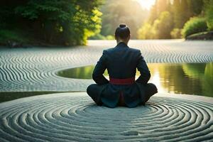 un' persona Meditare su un' zen giardino. ai-generato foto