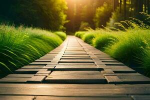 un' di legno sentiero conduce per il sole nel il mezzo di un' verde campo. ai-generato foto