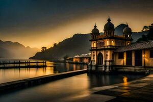 un' bellissimo edificio si siede su il acqua a tramonto. ai-generato foto