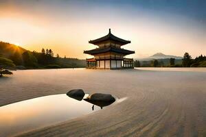 il giapponese pagoda nel il sabbia. ai-generato foto