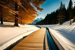 un' di legno passerella conduce per un' nevoso montagna. ai-generato foto