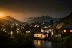 un' villaggio nel il montagne a tramonto. ai-generato foto