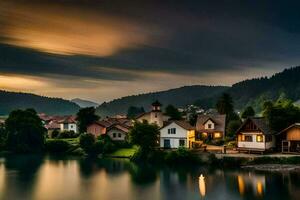 foto sfondo il cielo, lago, montagne, case, il villaggio, il lago, il villaggio. ai-generato