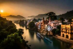 il sole imposta al di sopra di il città di udaipur, India. ai-generato foto