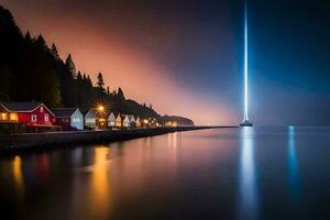 un' lungo esposizione fotografia di un' faro su il acqua. ai-generato foto