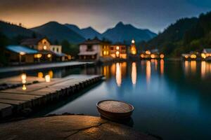 foto sfondo il cielo, lago, montagne, il Luna, il acqua, il barca, il. ai-generato