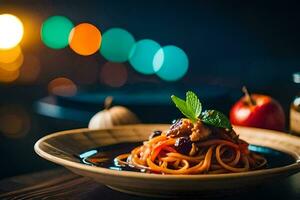 spaghetti con carne e verdure su un' piatto. ai-generato foto