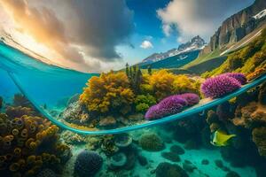 un' bellissimo subacqueo scena con colorato corallo e pesce. ai-generato foto
