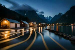 un' lungo esposizione fotografia di un' montagna villaggio a notte. ai-generato foto