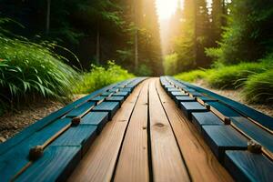 un' di legno sentiero nel il boschi con il sole splendente. ai-generato foto