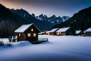 un' nevoso montagna villaggio con di legno case a crepuscolo. ai-generato foto