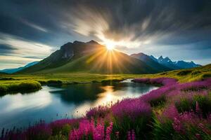 il sole sorge al di sopra di il montagne e viola fiori. ai-generato foto