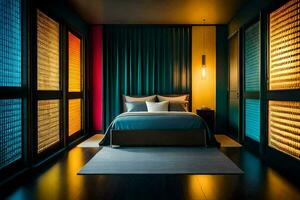 un' Camera da letto con colorato le tende e un' letto. ai-generato foto