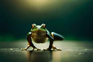 un' rana è in piedi su un' buio superficie. ai-generato foto