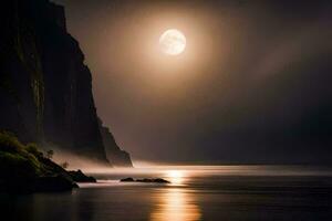un' pieno Luna è visto al di sopra di il oceano nel il scuro. ai-generato foto