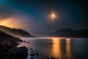 il Luna brilla brillantemente al di sopra di un' lago e rocce. ai-generato foto