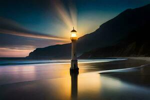 un' faro sta su il spiaggia a tramonto. ai-generato foto