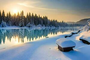 un' lago nel il inverno con neve su il terra. ai-generato foto