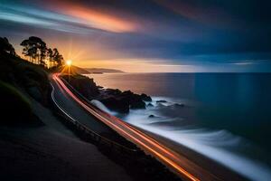 un' lungo esposizione fotografia di un' strada e oceano a tramonto. ai-generato foto