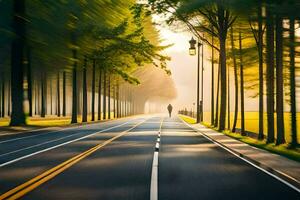 un' lungo esposizione fotografia di un' strada con alberi. ai-generato foto