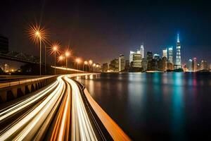 un' lungo esposizione fotografia di un' città orizzonte a notte. ai-generato foto