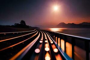 un' treno traccia con luci su esso a tramonto. ai-generato foto
