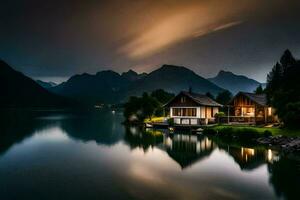 un' Casa su il lago a notte con montagne nel il sfondo. ai-generato foto