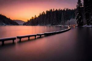 un' di legno molo nel il mezzo di un' lago a tramonto. ai-generato foto