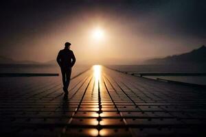 un' uomo a piedi su un' molo a tramonto. ai-generato foto