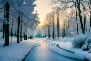 un' nevoso fiume corre attraverso un' foresta. ai-generato foto