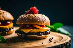 Due hamburger con formaggio e frutti di bosco su un' di legno tavola. ai-generato foto