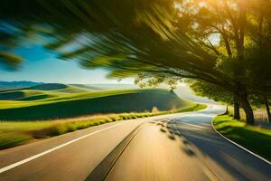 un' strada con alberi e erba nel il sfondo. ai-generato foto