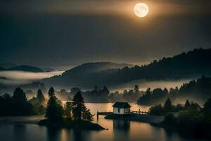 un' Luna sorge al di sopra di un' lago e un' piccolo Casa. ai-generato foto