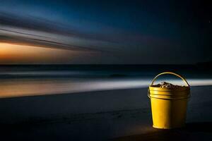 un' giallo secchio seduta su il spiaggia a notte. ai-generato foto
