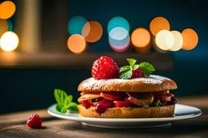 un' Sandwich con frutti di bosco e menta su un' piatto. ai-generato foto