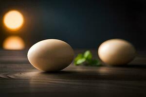 Due uova su un' di legno tavolo con un' leggero nel il sfondo. ai-generato foto