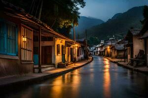 un' stretto strada nel il mezzo di un' villaggio a notte. ai-generato foto