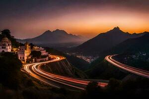 un' strada con macchine passaggio attraverso il montagne a tramonto. ai-generato foto