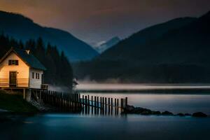 foto sfondo il cielo, montagne, lago, il Casa, il lago, il Casa, il. ai-generato