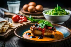 un' piatto di cibo con un' pezzo di carne e verdure. ai-generato foto