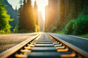 un' Ferrovia traccia con il sole splendente attraverso esso. ai-generato foto