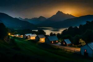 un' piccolo villaggio nel il montagne a notte. ai-generato foto