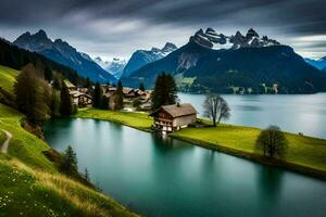 un' lago e un' montagna villaggio nel il svizzero Alpi. ai-generato foto